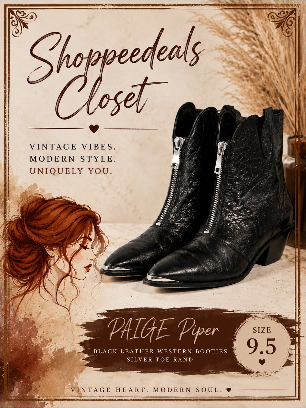 PAIGE Piper Black Leather Western Ankle Booties Silver Toe Rand Size 9.5